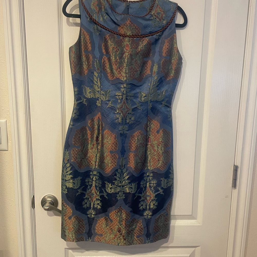 Bill Blass Blue and Orange Patterned Midi Dress
